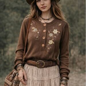 Jenny Sweater Women's Size M Beaded Embroidered Floral Buttons Cottage Geandma